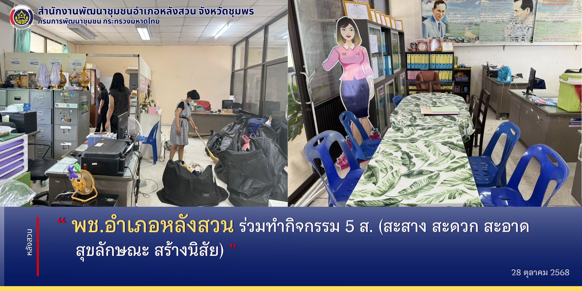 พช.หลังสวน​ ร่วมทำกิจกรรม 5 ส. (สะสาง สะดวก สะอาด สุขลักษณะ สร้างนิสัย) ในบริเวณพื้นที่สำนักงานพัฒนาชุมชนอำเภอหลังสวน